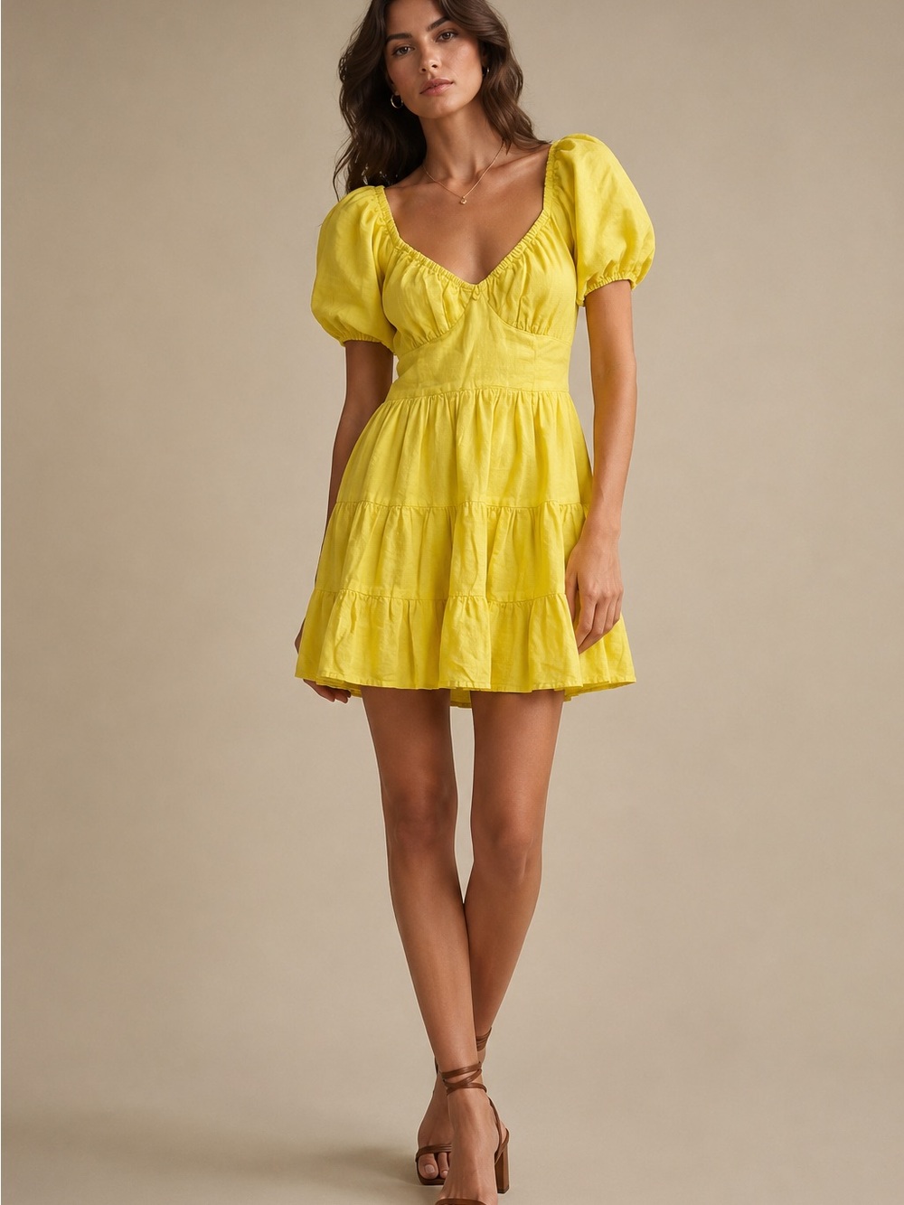 Chelsea & Violet Yellow Puff-Sleeve Tiered Mini Dress